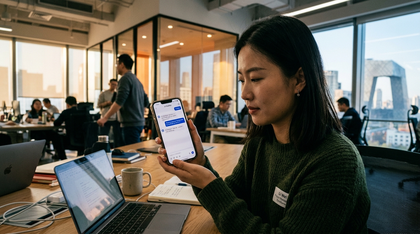 Personne tenant un smartphone avec une interface de chatbot IA
