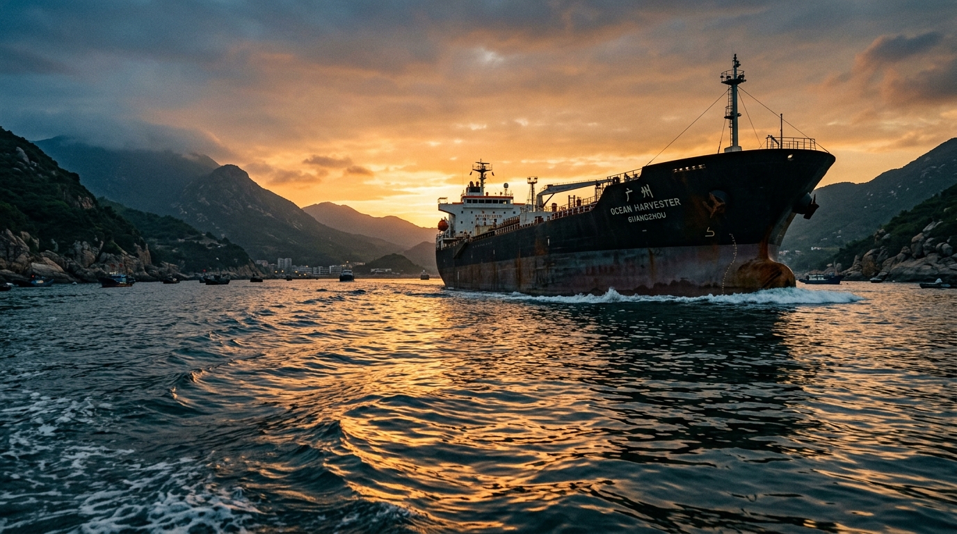 Pétrolier traversant un détroit maritime au coucher de soleil