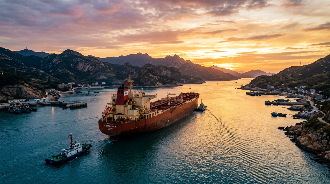 Pétrolier traversant un détroit maritime au coucher du soleil