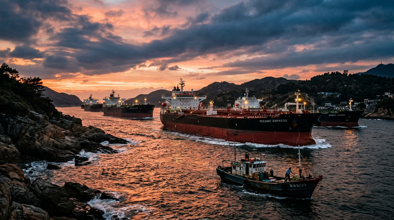 Pétroliers traversant un détroit stratégique au coucher du soleil