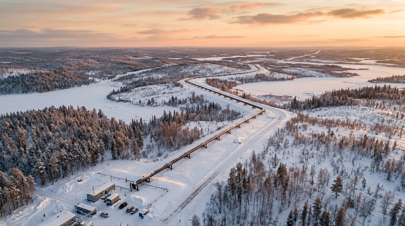 Pipeline de gaz traversant un paysage sibérien enneigé