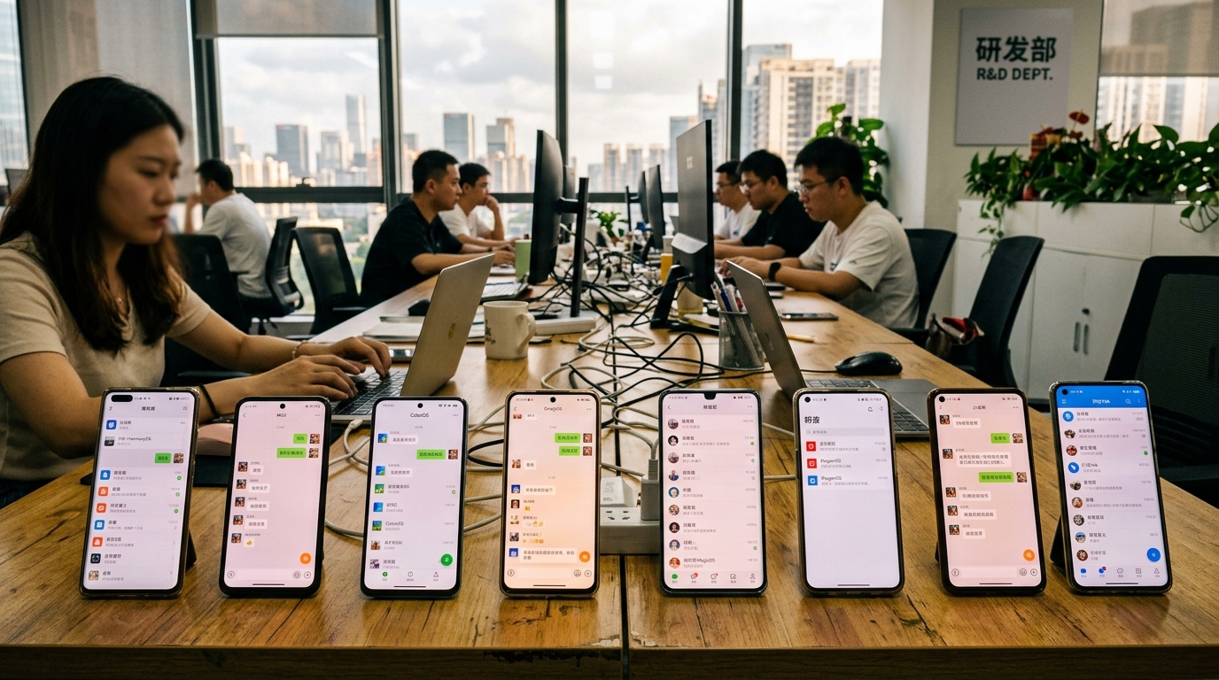Plusieurs smartphones de marques chinoises alignés sur un bureau