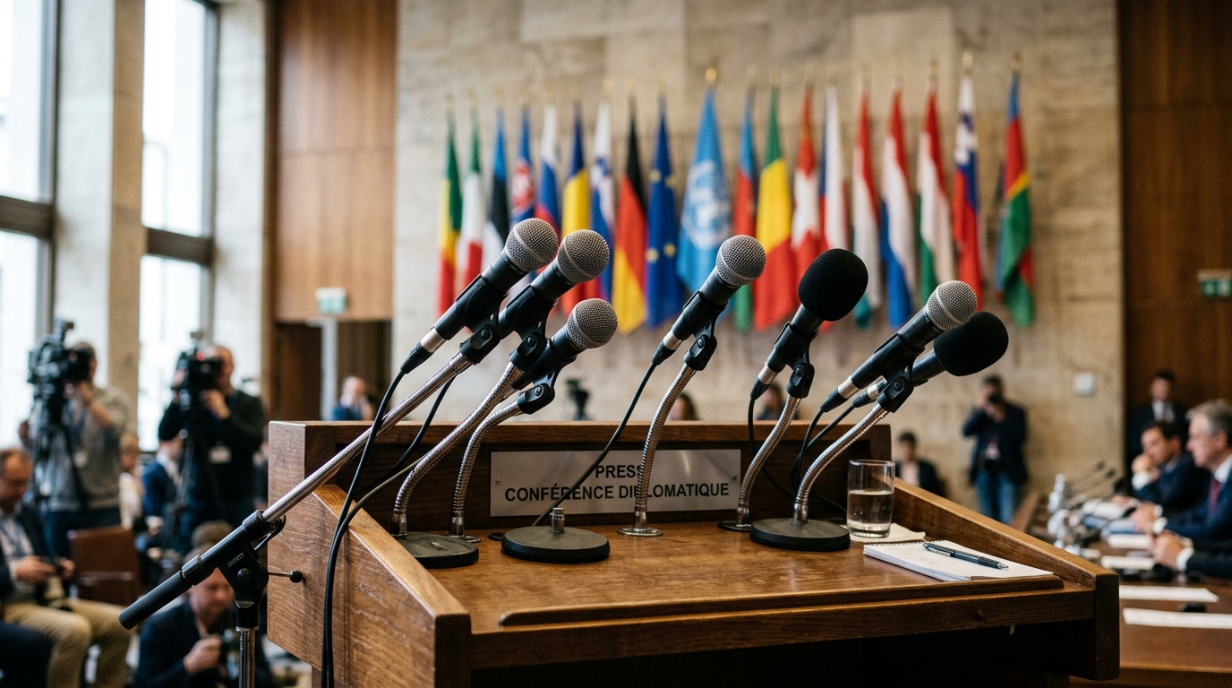 Podium diplomatique avec microphones lors d'une conférence de presse officielle
