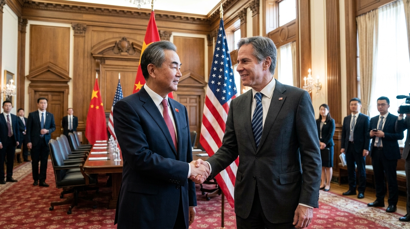 Poignée de main diplomatique entre représentants américains et chinois
