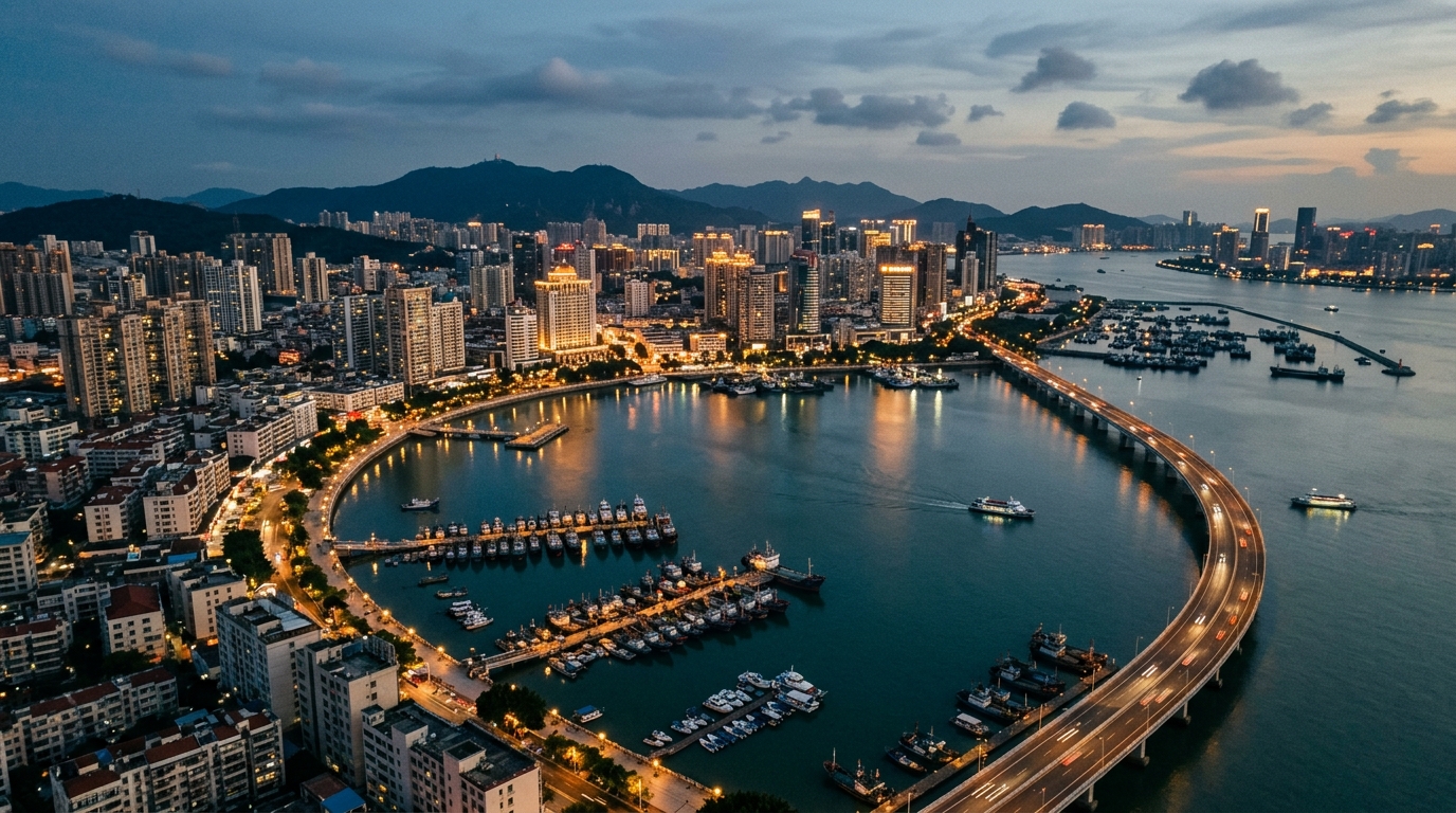 Port côtier de Weihai en Chine au crépuscule