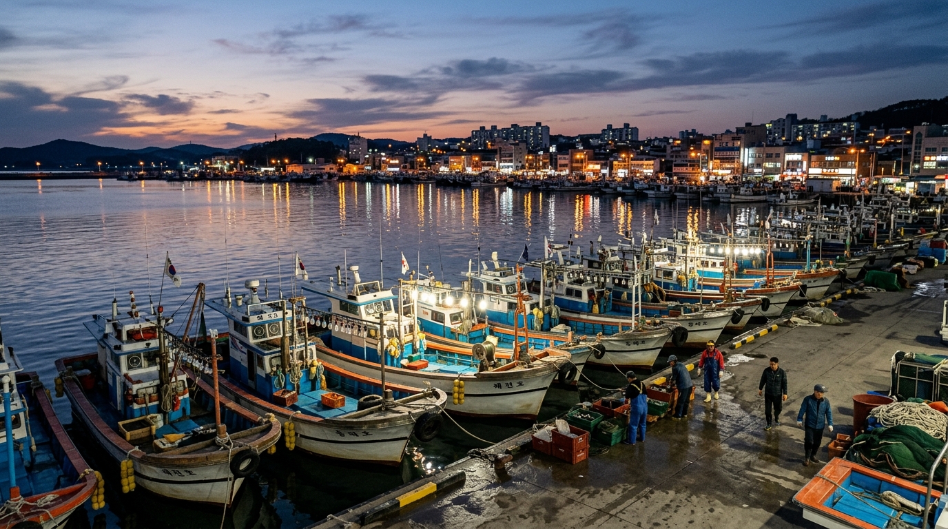 Port côtier en Corée du Sud au crépuscule