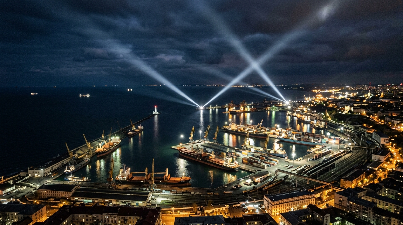 Port d'Odessa de nuit sous alerte aérienne