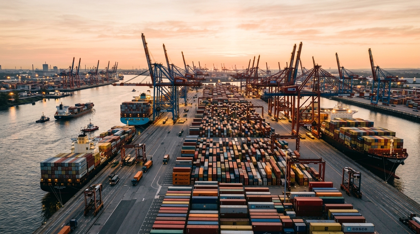 Port de commerce avec containers et grues au lever du soleil