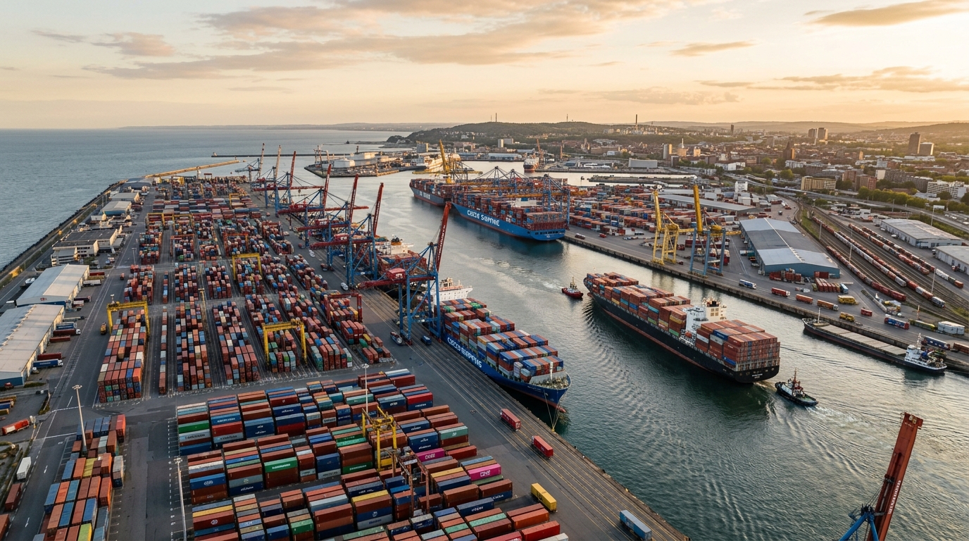 Port industriel européen avec containers de marchandises asiatiques
