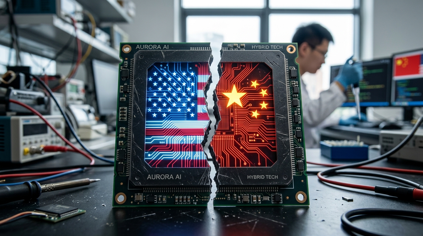 Puce IA partagée entre États-Unis et Chine symbolisant la guerre technologique
