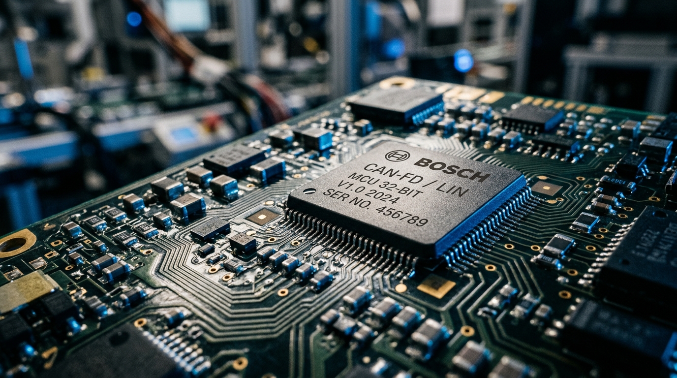 Puce semiconducteur automobile en gros plan sur circuit imprimé