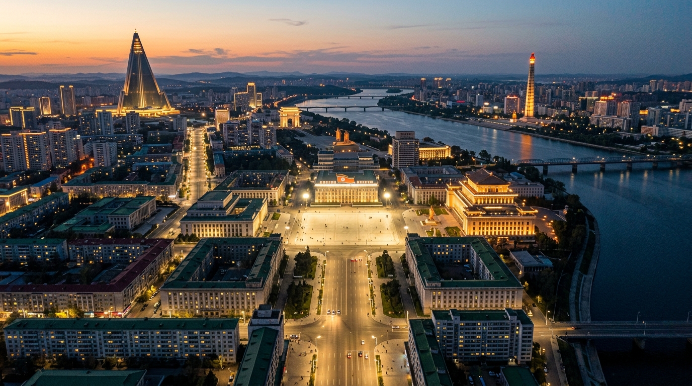 Pyongyang vue depuis les airs au crépuscule