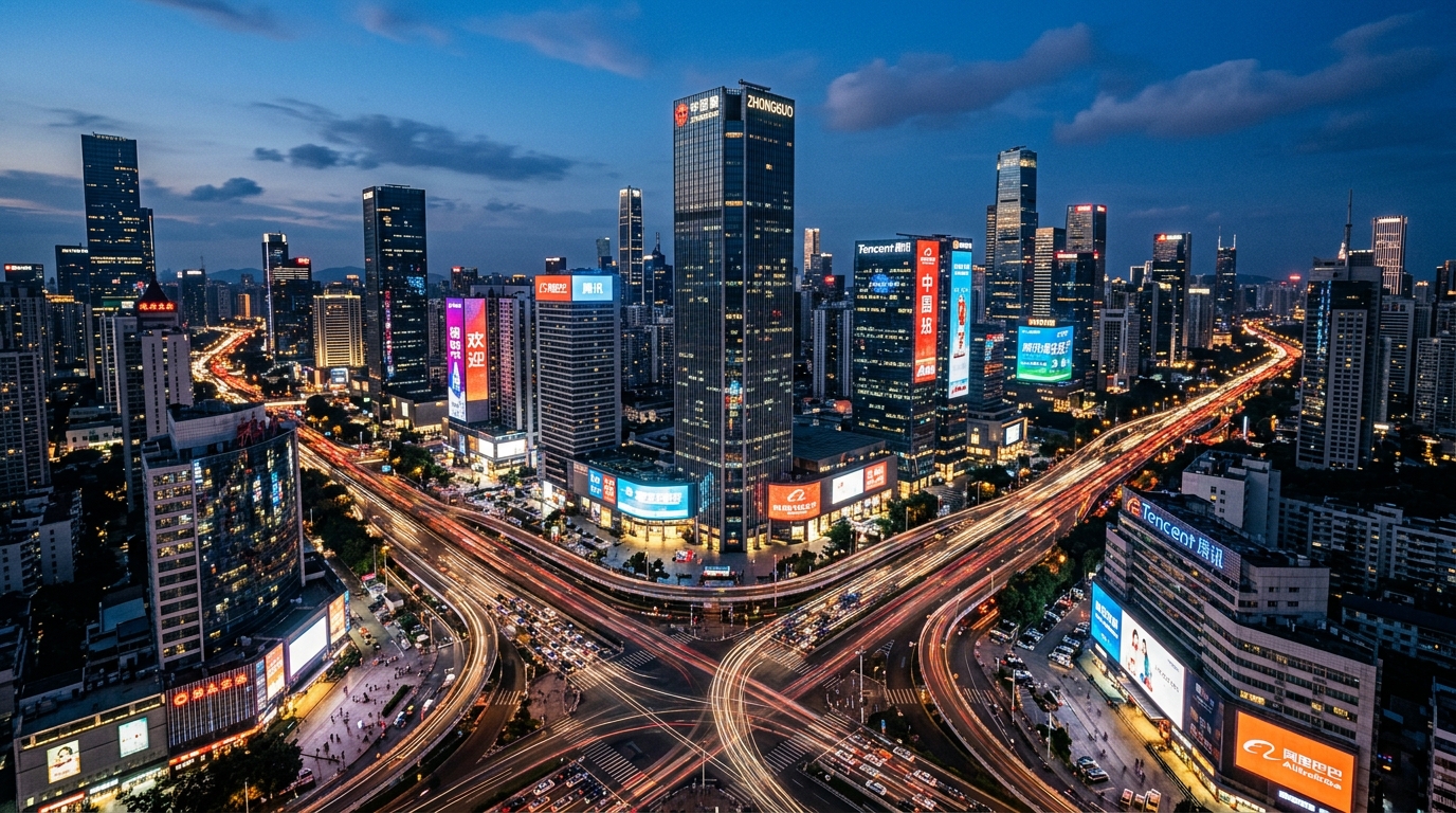 Quartier d'affaires chinois avec publicités numériques et circulation