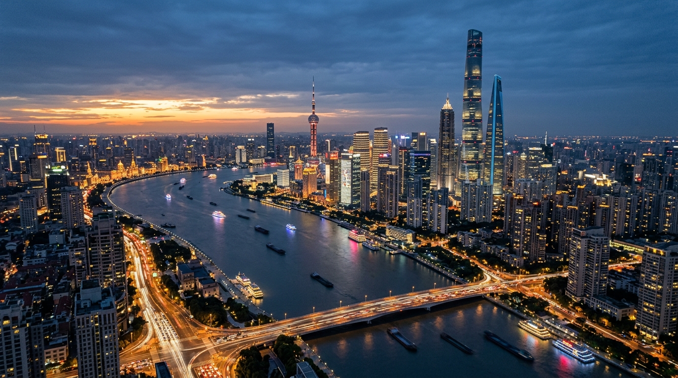 Quartier financier de Pudong à Shanghai au crépuscule