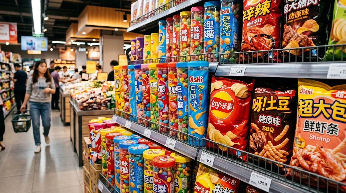 Rayons de snacks géants et bonbons XXL dans un magasin chinois