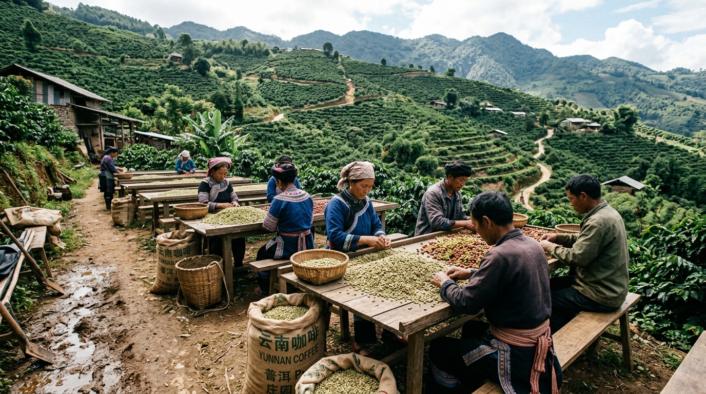 Récolte de grains de café dans la région du Yunnan en Chine
