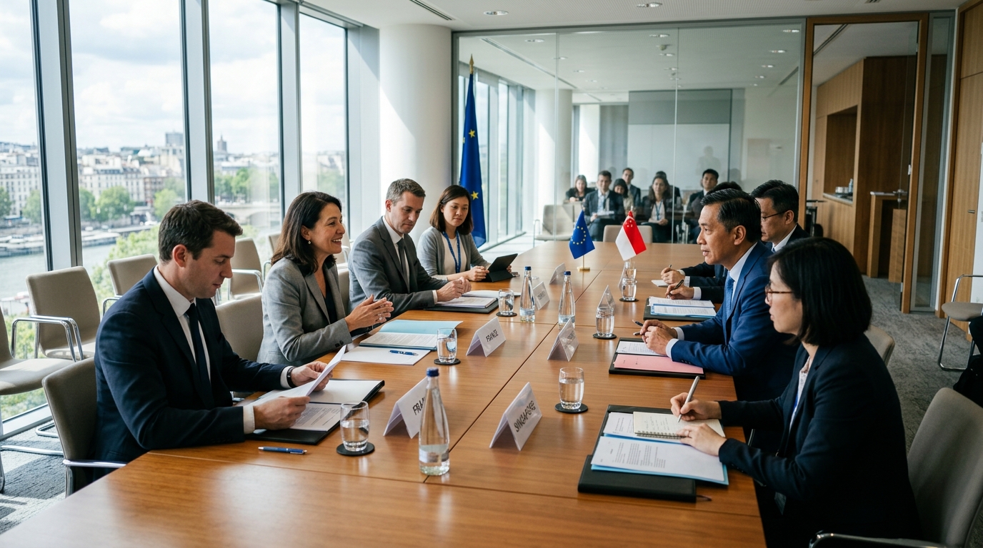 Réunion diplomatique bilatérale dans une salle de conférence moderne