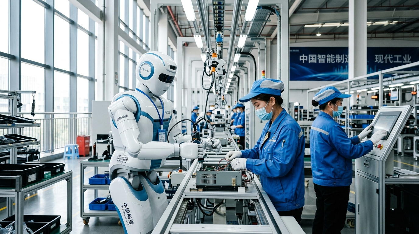 Robot humanoïde chinois travaillant en usine aux côtés d'opérateurs humains