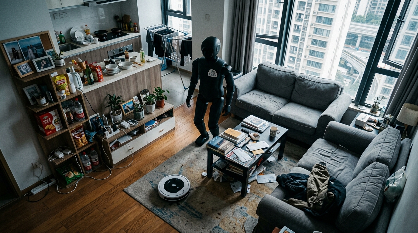 Robot ménager naviguant dans un salon encombré d'un appartement à Shenzhen