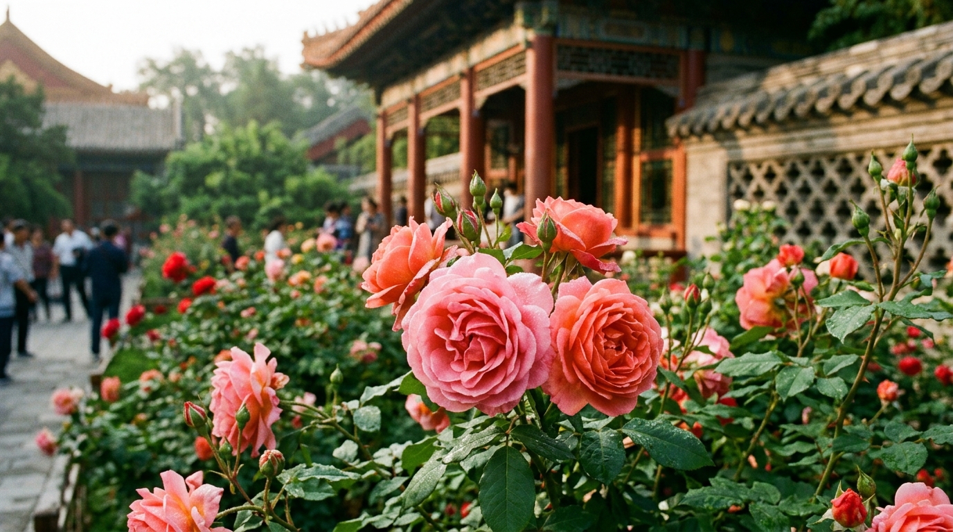 Rosiers en fleurs dans un jardin impérial chinois à Pékin