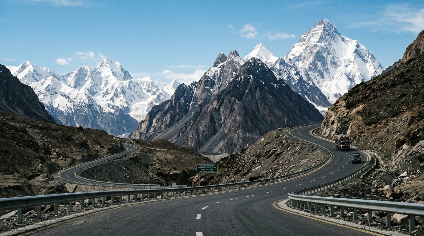 Route du Karakoram reliant la Chine et le Pakistan à travers les montagnes