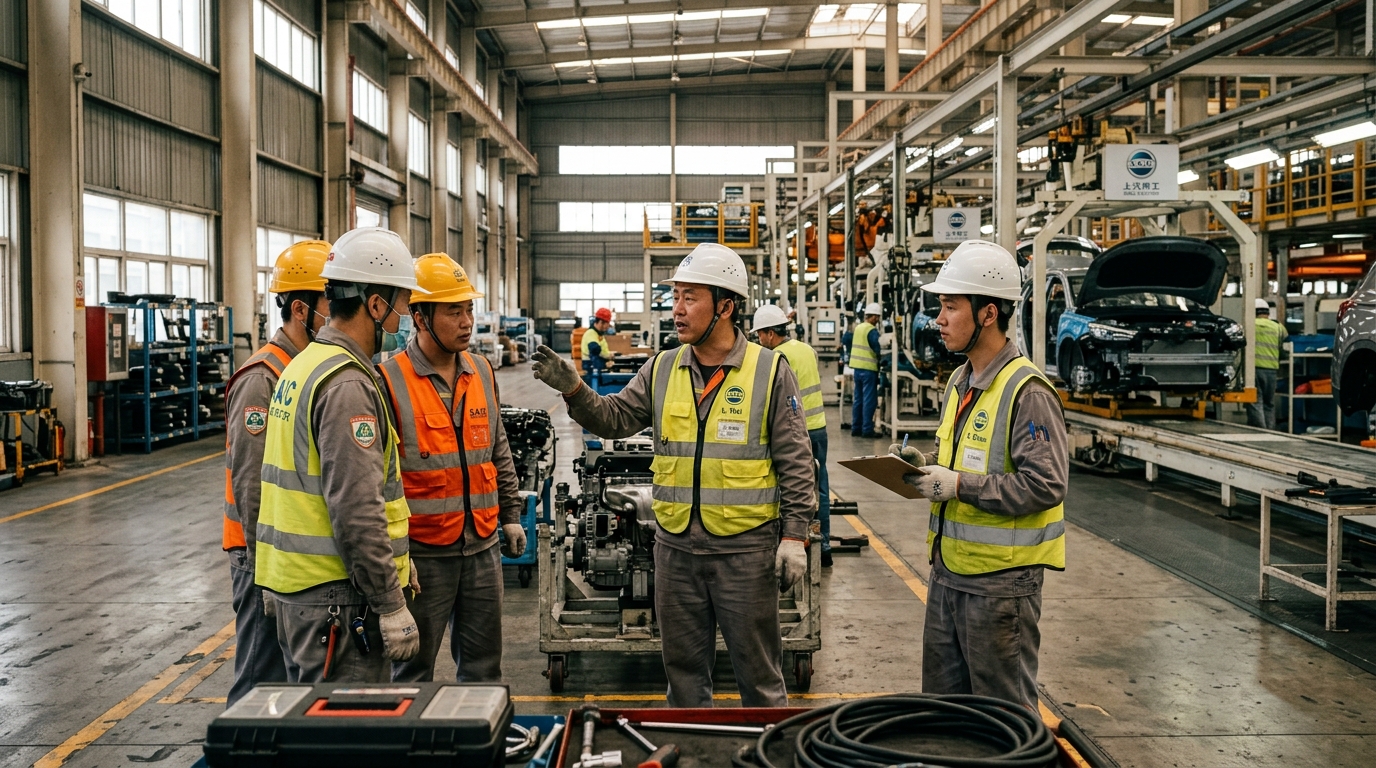 Salariés d'une usine automobile en discussion sur la chaîne de production