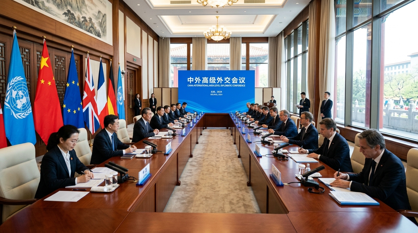 Salle de réunion diplomatique avec deux délégations face à face
