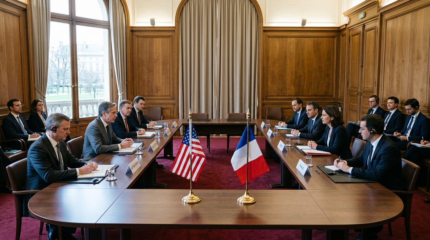 Salle de réunion diplomatique avec deux drapeaux nationaux en vis-à-vis