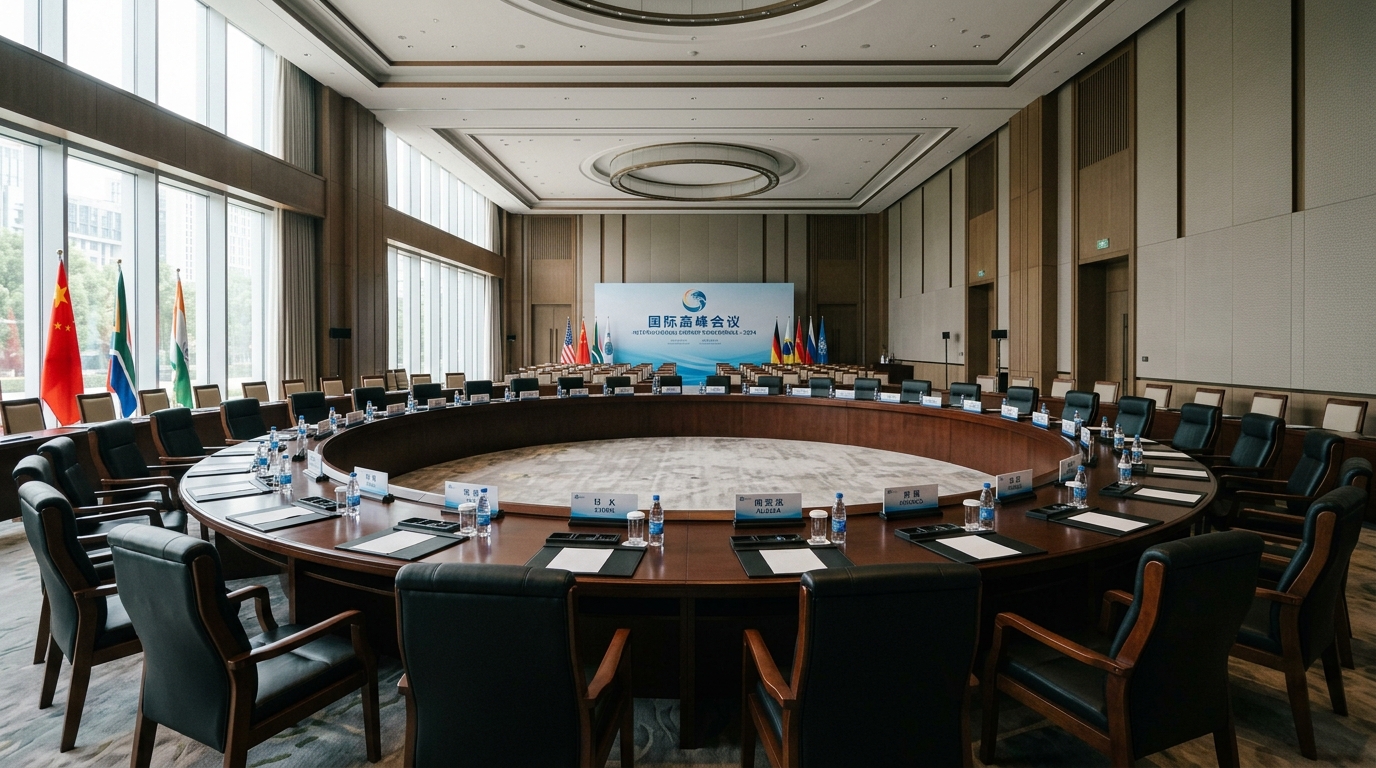Salle de sommet diplomatique international vide avec table ronde