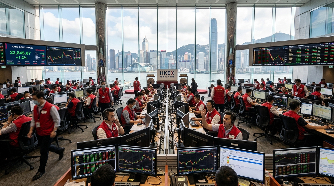 Salle des marchés de la Bourse de Hong Kong avec écrans de cotation