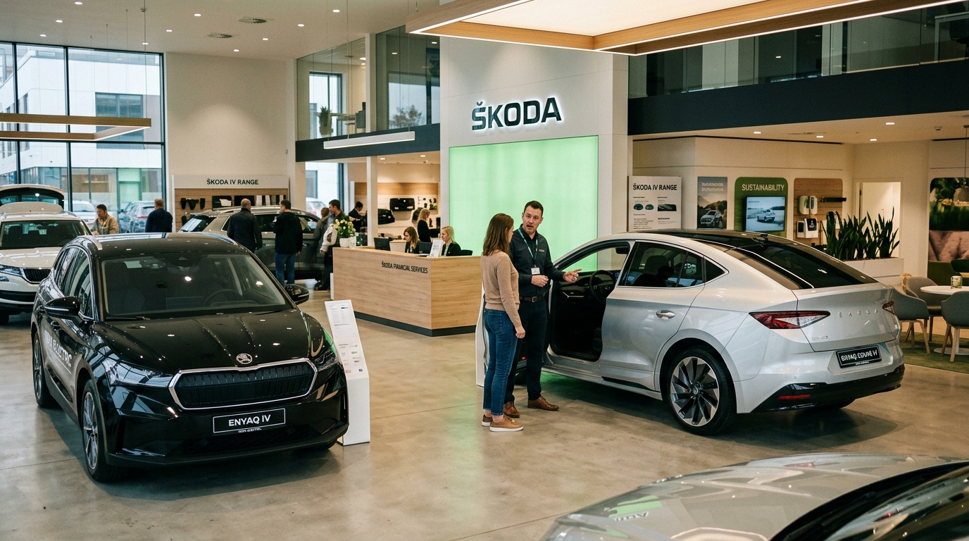 Showroom Skoda avec gamme de véhicules électriques et hybrides