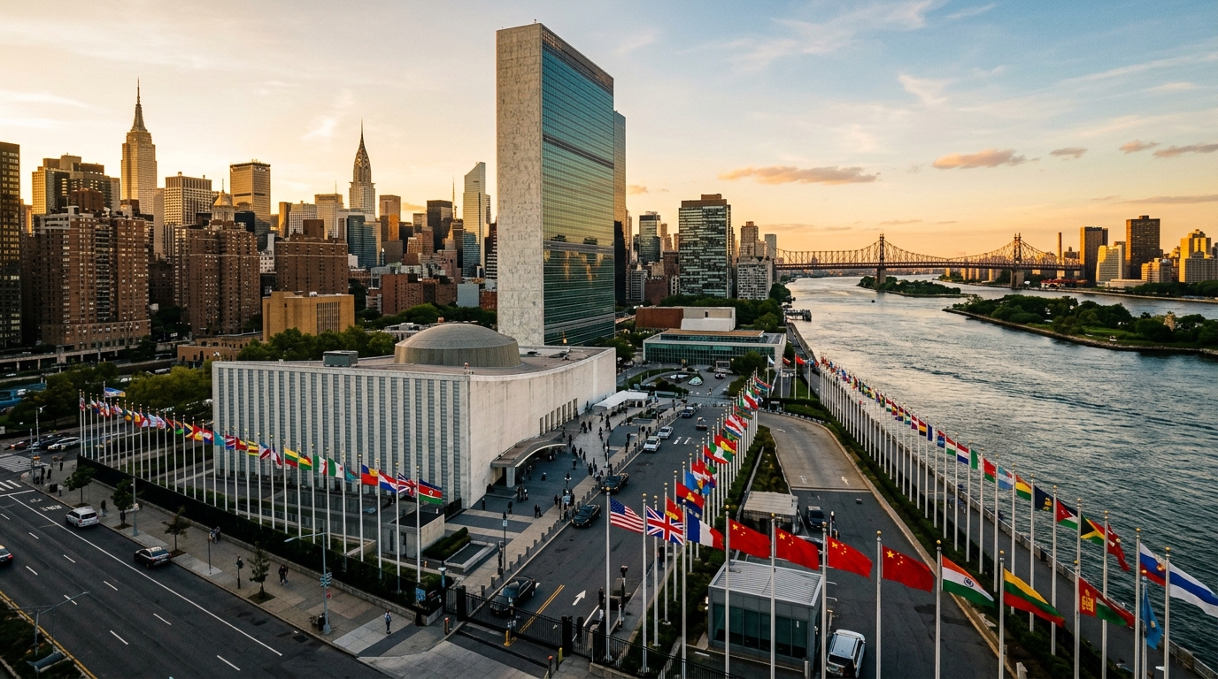 Siège de l'ONU à New York avec drapeaux internationaux dont la Chine