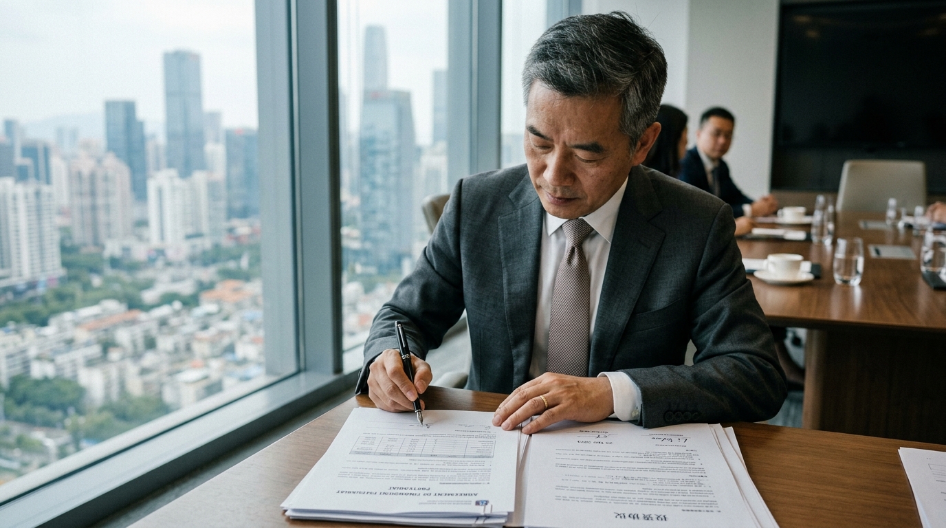Signature de documents financiers lors d'une délégation commerciale