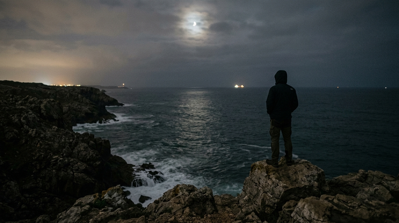 Silhouette d'un homme au bord de la mer la nuit