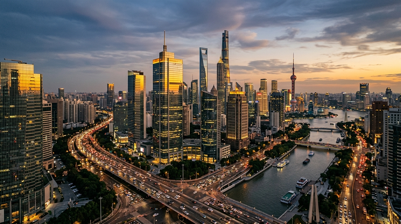 Skyline d'un quartier d'affaires chinois au crépuscule