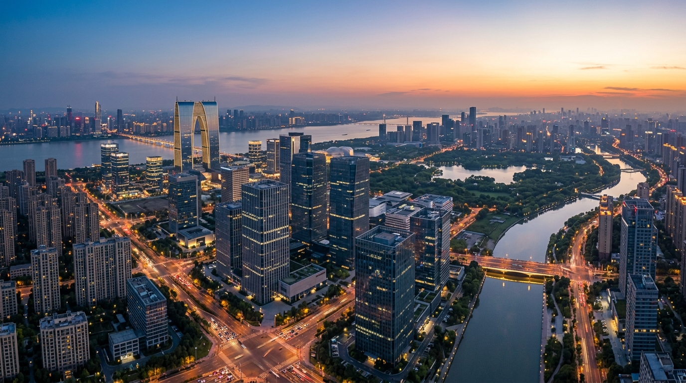 Skyline de Hangzhou, ville siège de DeepSeek, au crépuscule