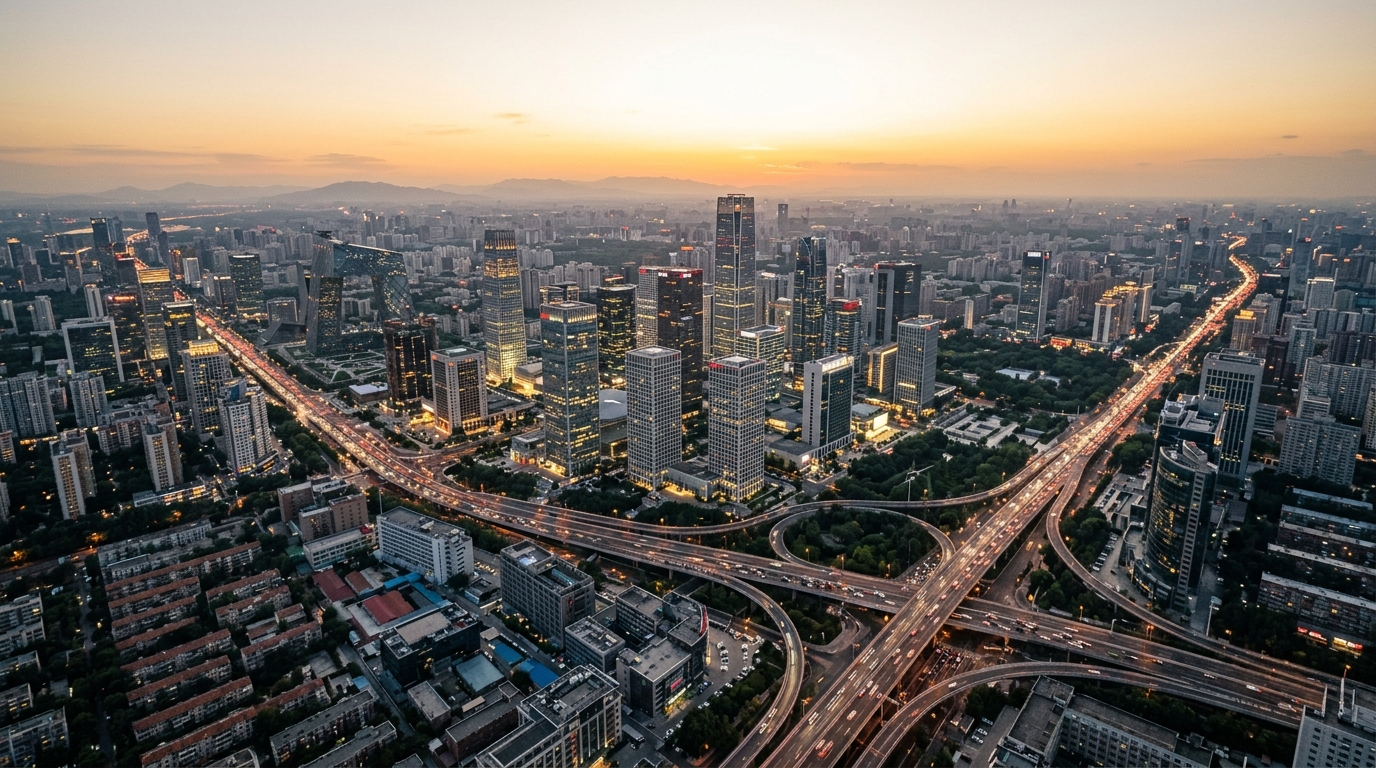 Skyline de Pékin au coucher du soleil, district technologique