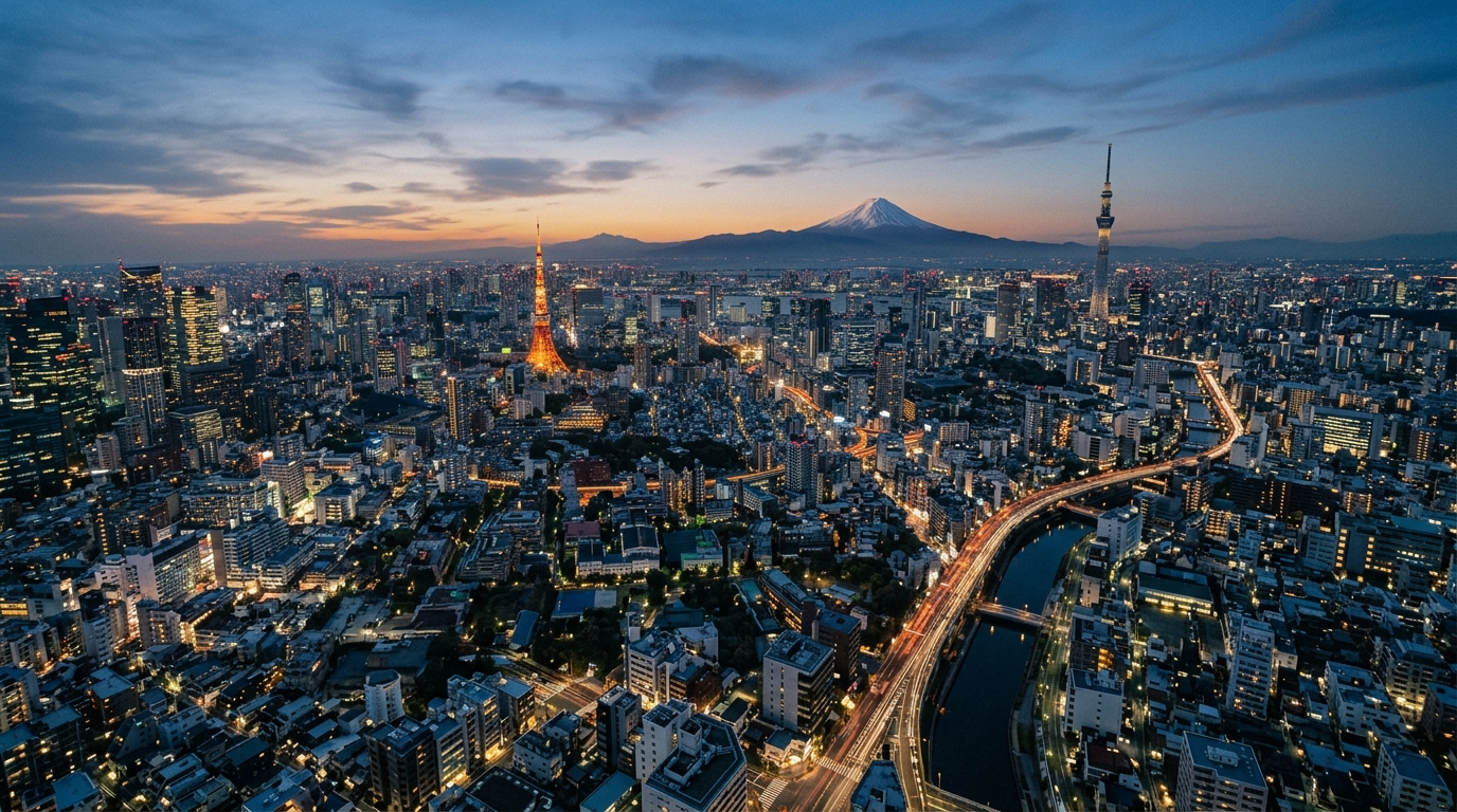 Skyline de Tokyo au crépuscule avec vue sur le mont Fuji