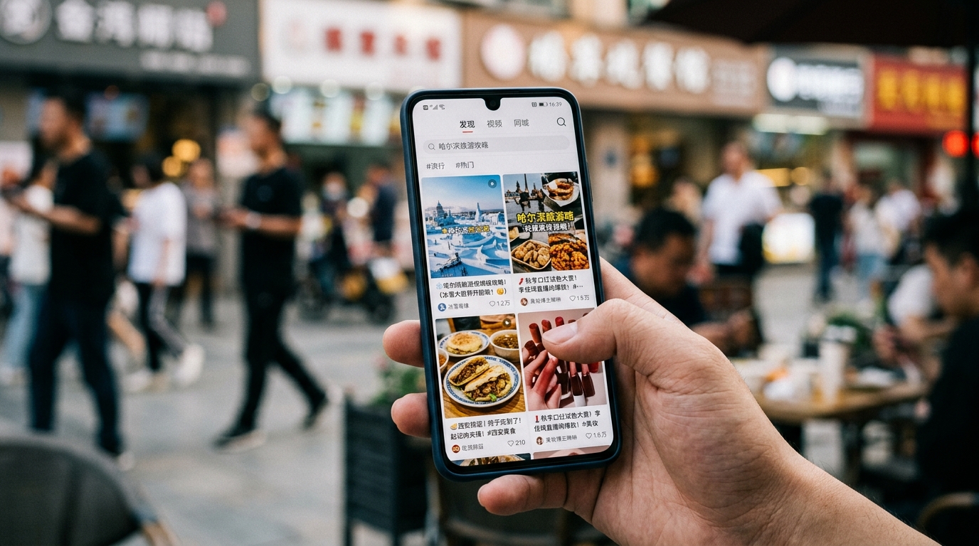 Smartphone affichant un réseau social chinois avec contenu viral