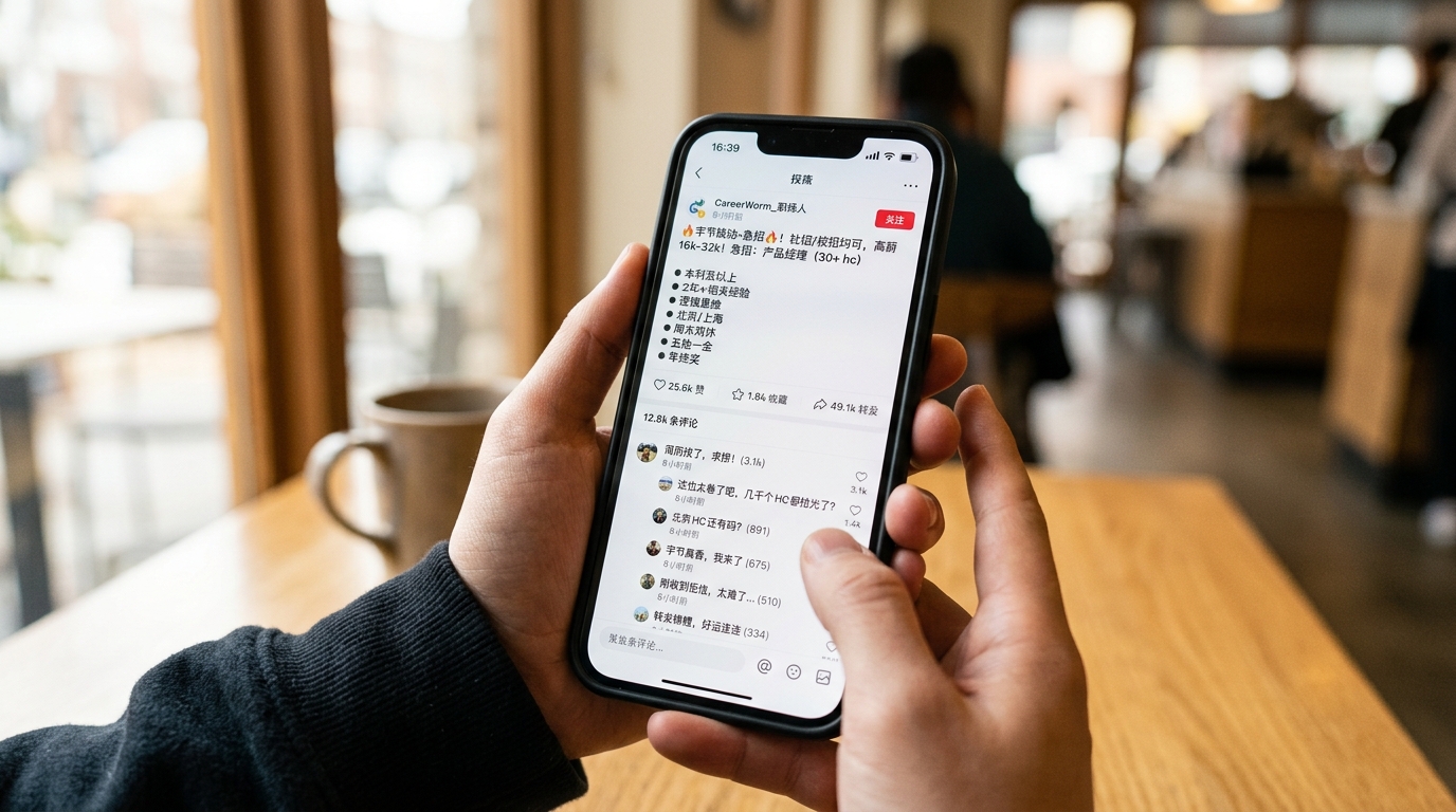 Smartphone affichant une offre d'emploi virale sur Weibo avec des milliers de commentaires