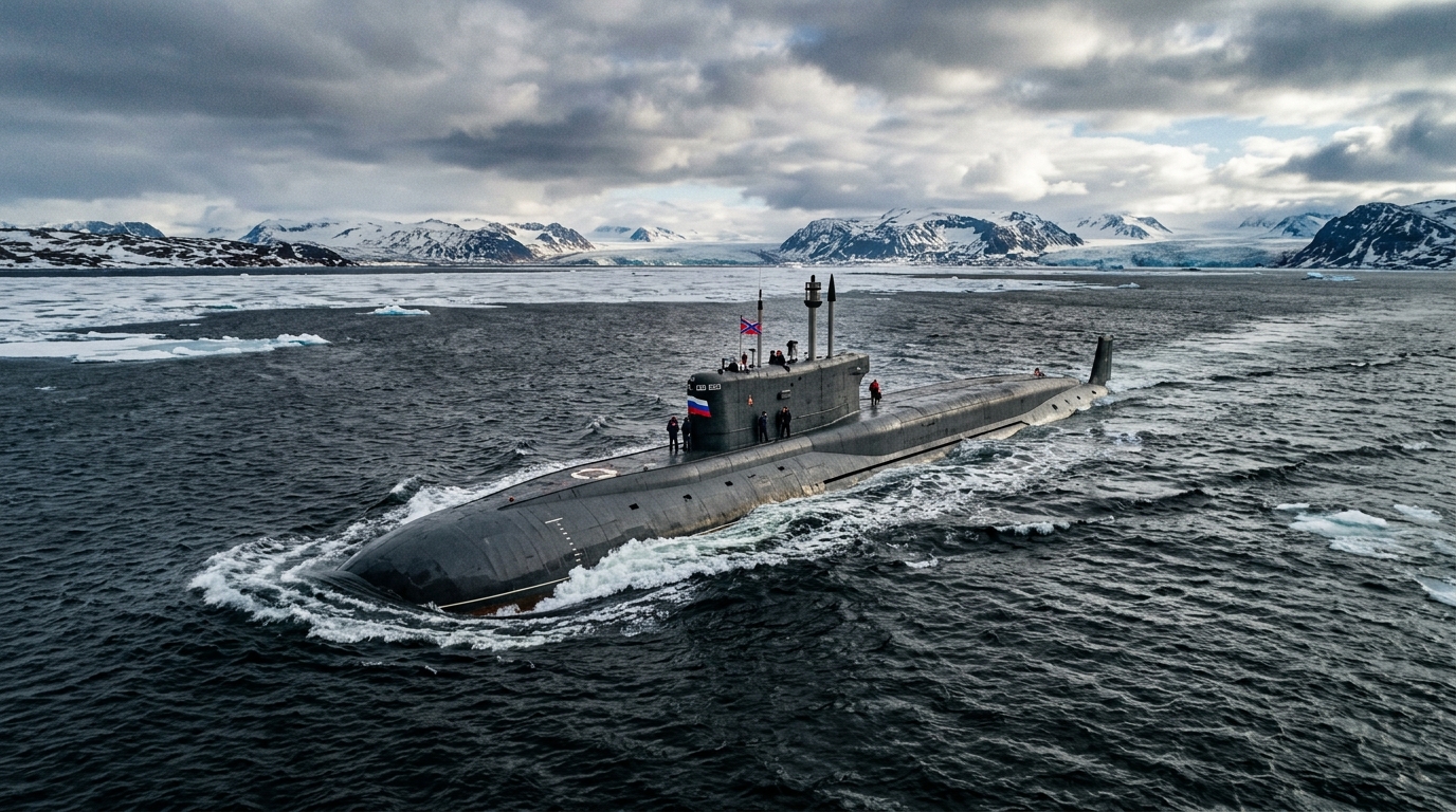 Sous-marin nucléaire russe en surface dans des eaux arctiques