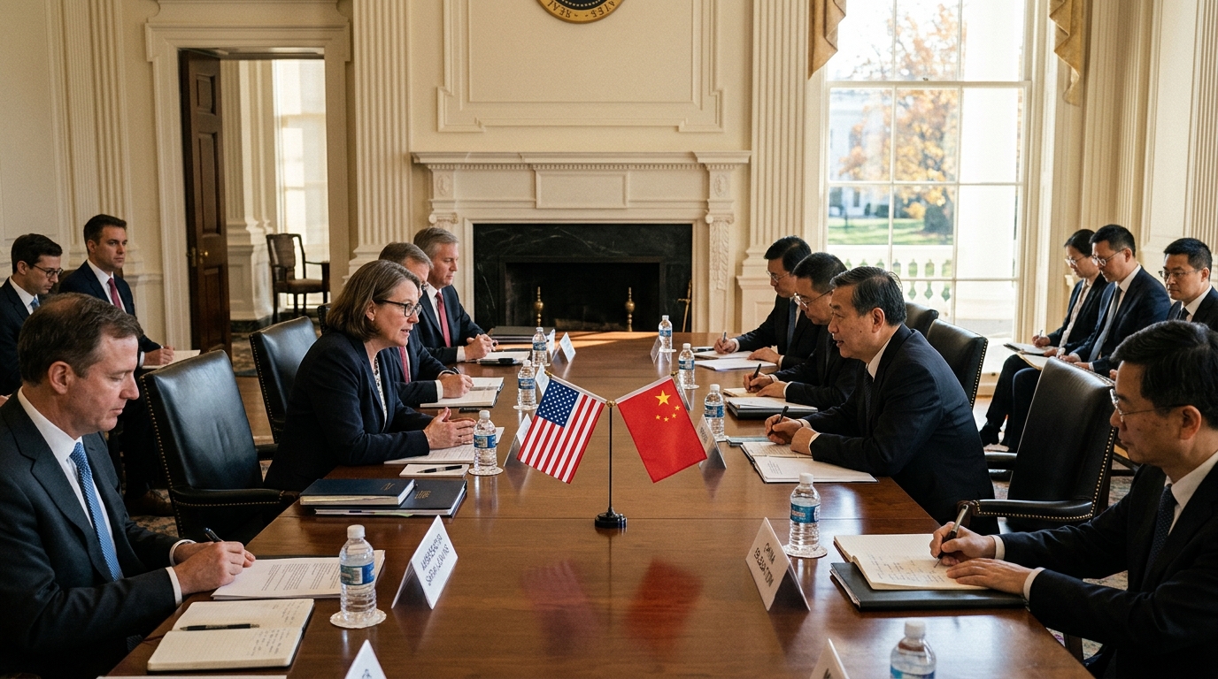 Table de négociation commerciale sino-américaine avec drapeaux des deux pays
