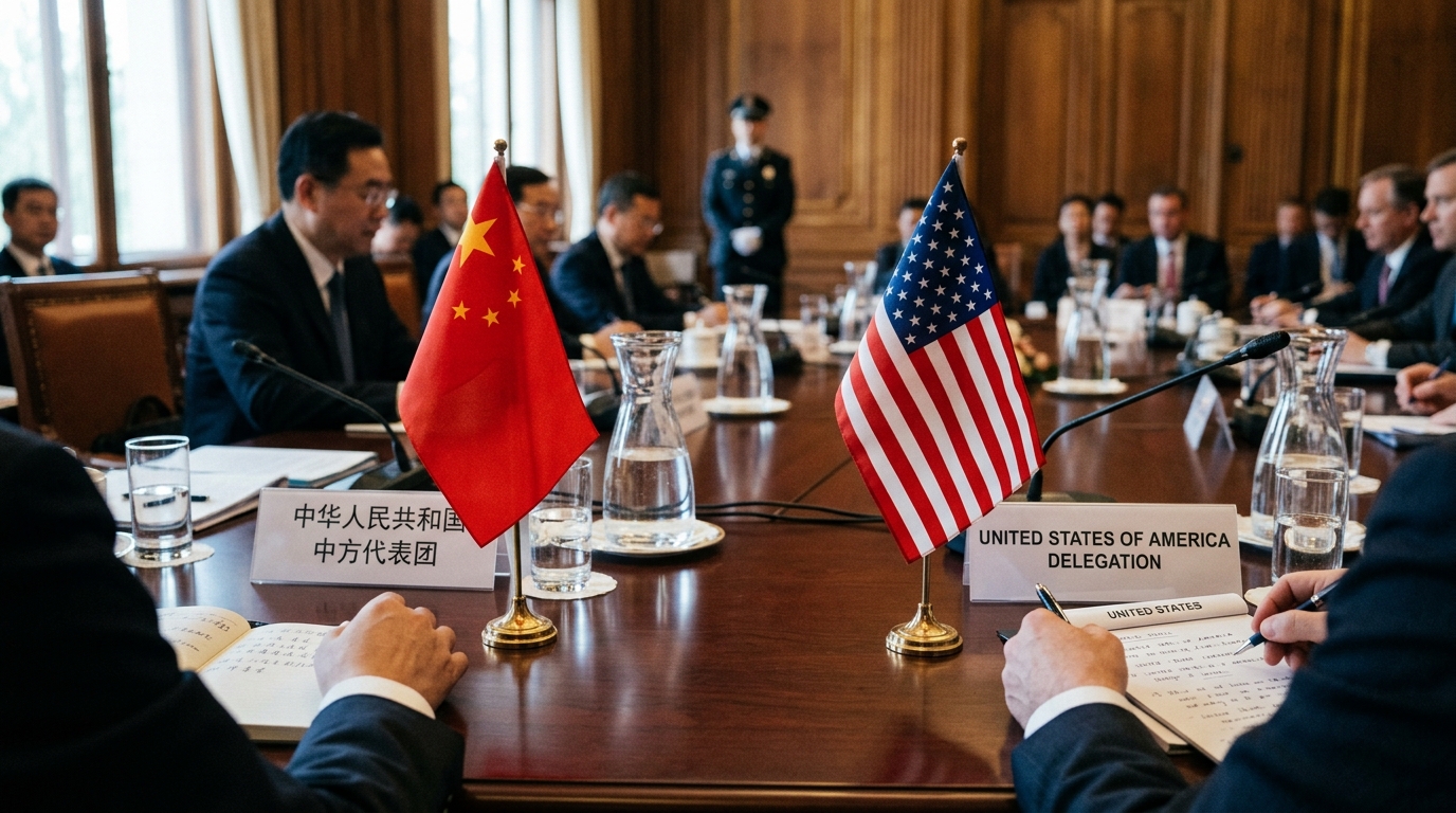 Table de négociation diplomatique avec drapeaux chinois et américain