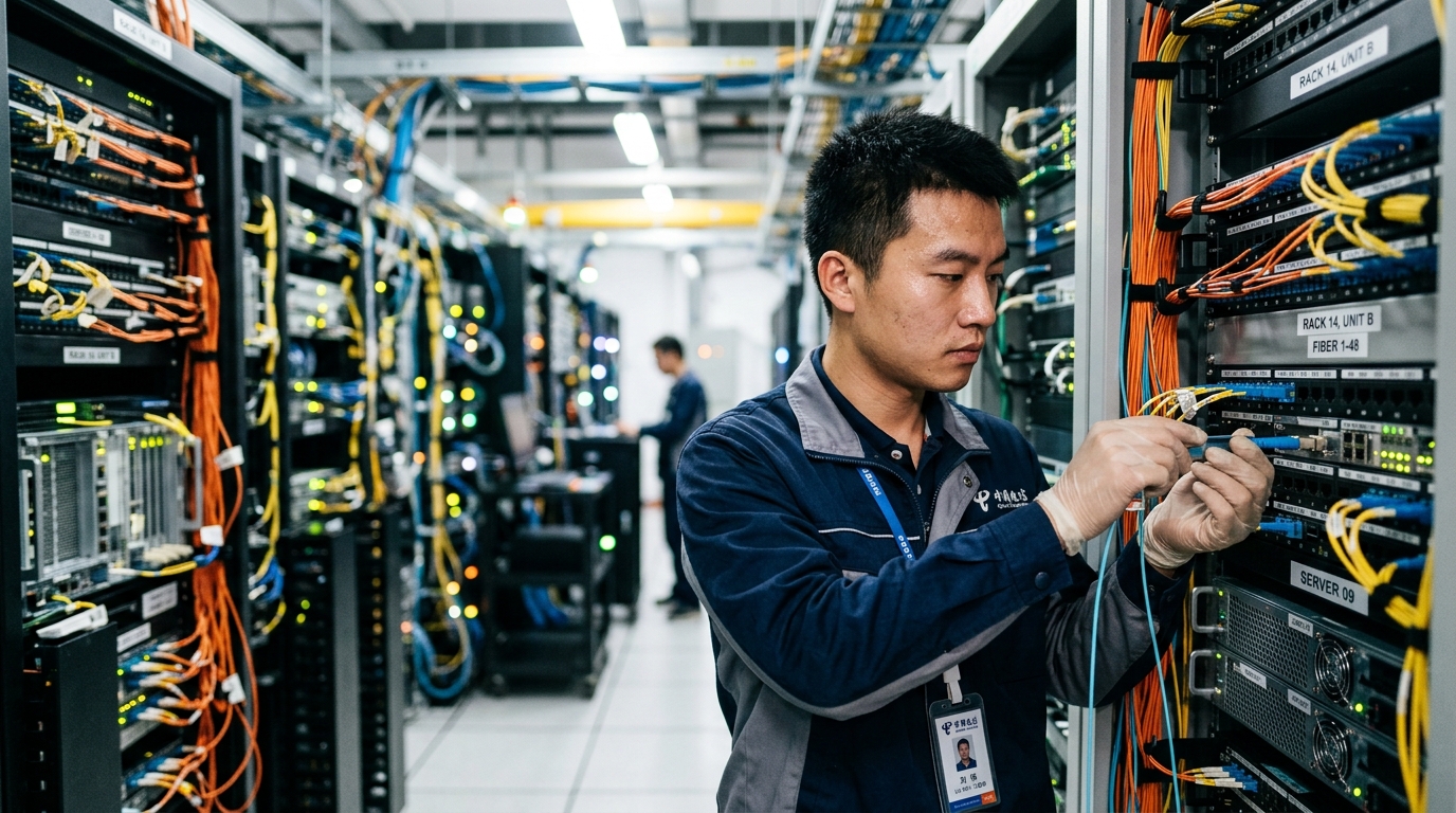 Technicien télécoms chinois dans un centre de données
