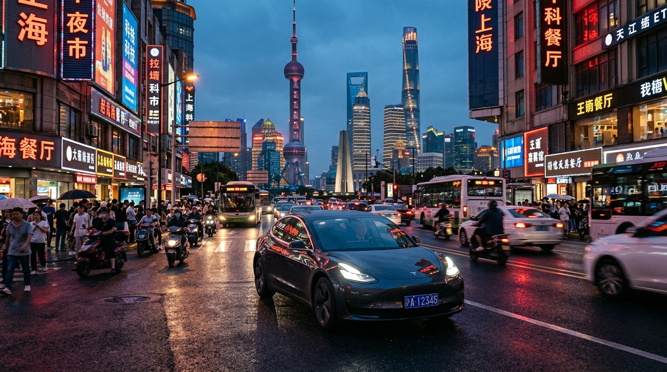Tesla Model 3 dans les rues de Shanghai au crépuscule
