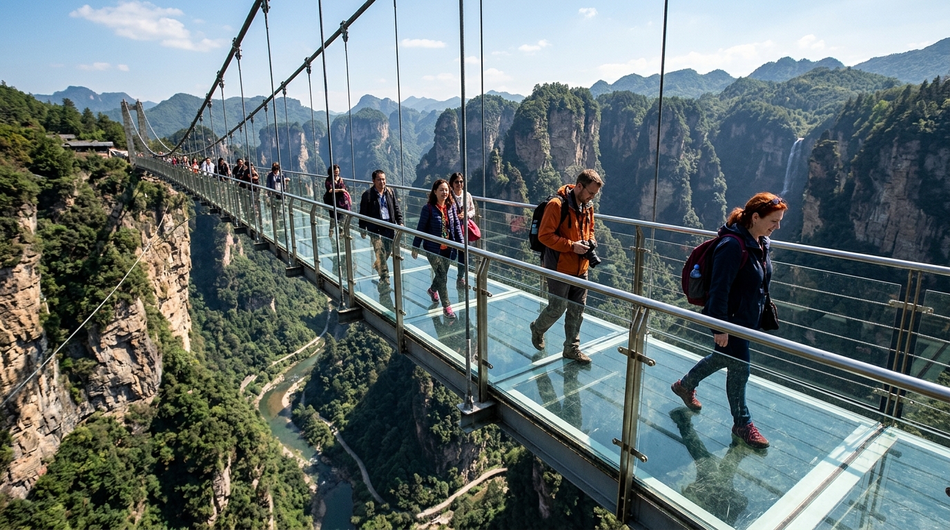 Touristes sur la passerelle en verre du pont de Huajiang
