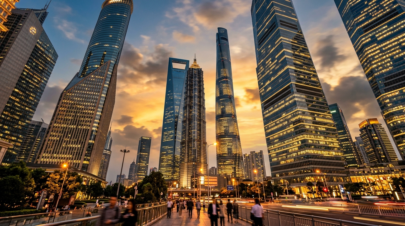 Tours de bureaux modernes dans un quartier financier chinois au crépuscule