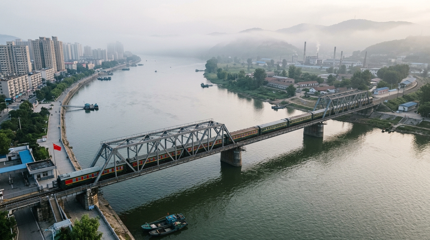 Train reliant la Chine à la Corée du Nord sur un pont frontalier