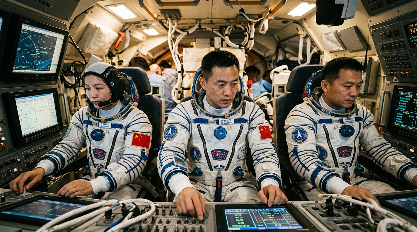 Trois astronautes chinois en combinaison spatiale dans leur capsule