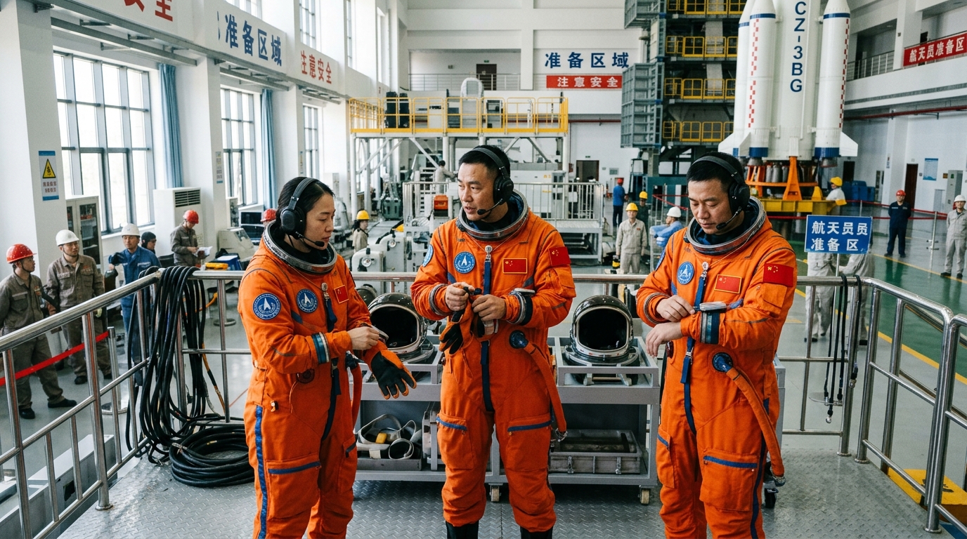 Trois taïkonautes en combinaison spatiale avant leur mission